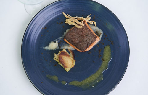 The Lawn Canggu - Panseared Salmon With Ceylon Apple Pie Vanilla Vinaigrette & Aple Pure The Lawn Canggu - Panseared Salmon With Ceylon Apple Pie Vanilla Vinaigrette & Aple Pure